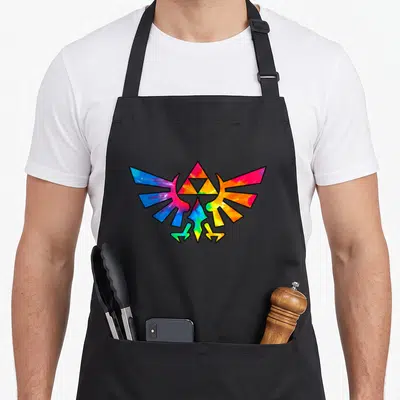 Triforce tie apron - Tie-dye Hylian Crest with Triforce center in blue red yellow green purple — shown on a black cotton canvas apron against a white background