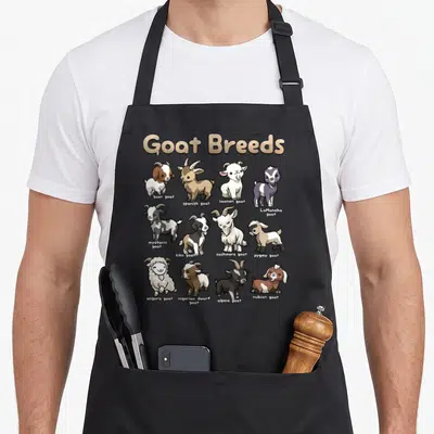 Educational goat apron - Twelve cartoon goat breeds labeled boer spanish saanen and LaMancha in gold and black text — shown on a black cotton canvas apron against a white background