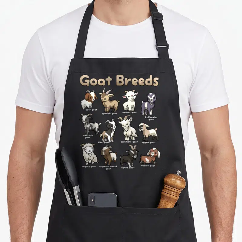 Educational goat apron - Twelve cartoon goat breeds labeled boer spanish saanen and LaMancha in gold and black text — shown on a black cotton canvas apron against a white background