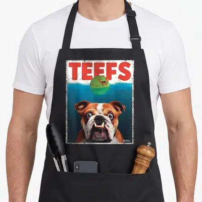 Teef english aprons - Cartoon bulldog head in blue water below red TEEFS text and green island with crab — shown on a black cotton canvas apron against a white background