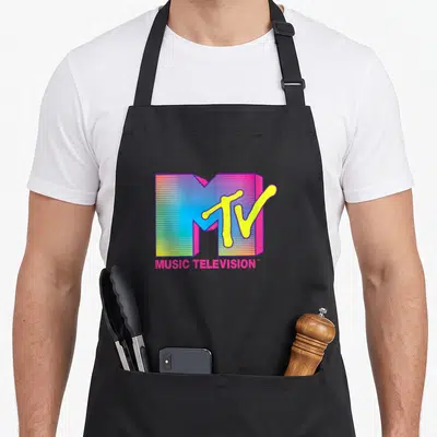 Fluorescent mtv apron - Retro MTV logo with 3D M, yellow TV, and striped pink blue yellow background — shown on a black cotton canvas apron against a white background