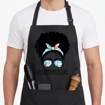 Receptionist african american aprons - Minimalist woman silhouette with afro, medical pattern glasses — shown on a black cotton canvas apron against a white background