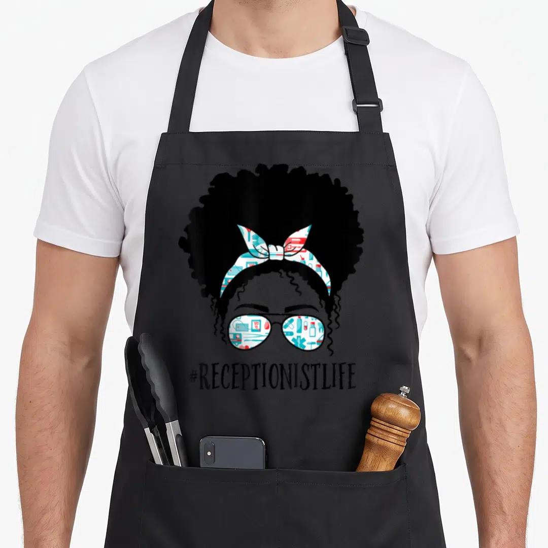 Receptionist african american aprons - Minimalist woman silhouette with afro, medical pattern glasses — shown on a black cotton canvas apron against a white background