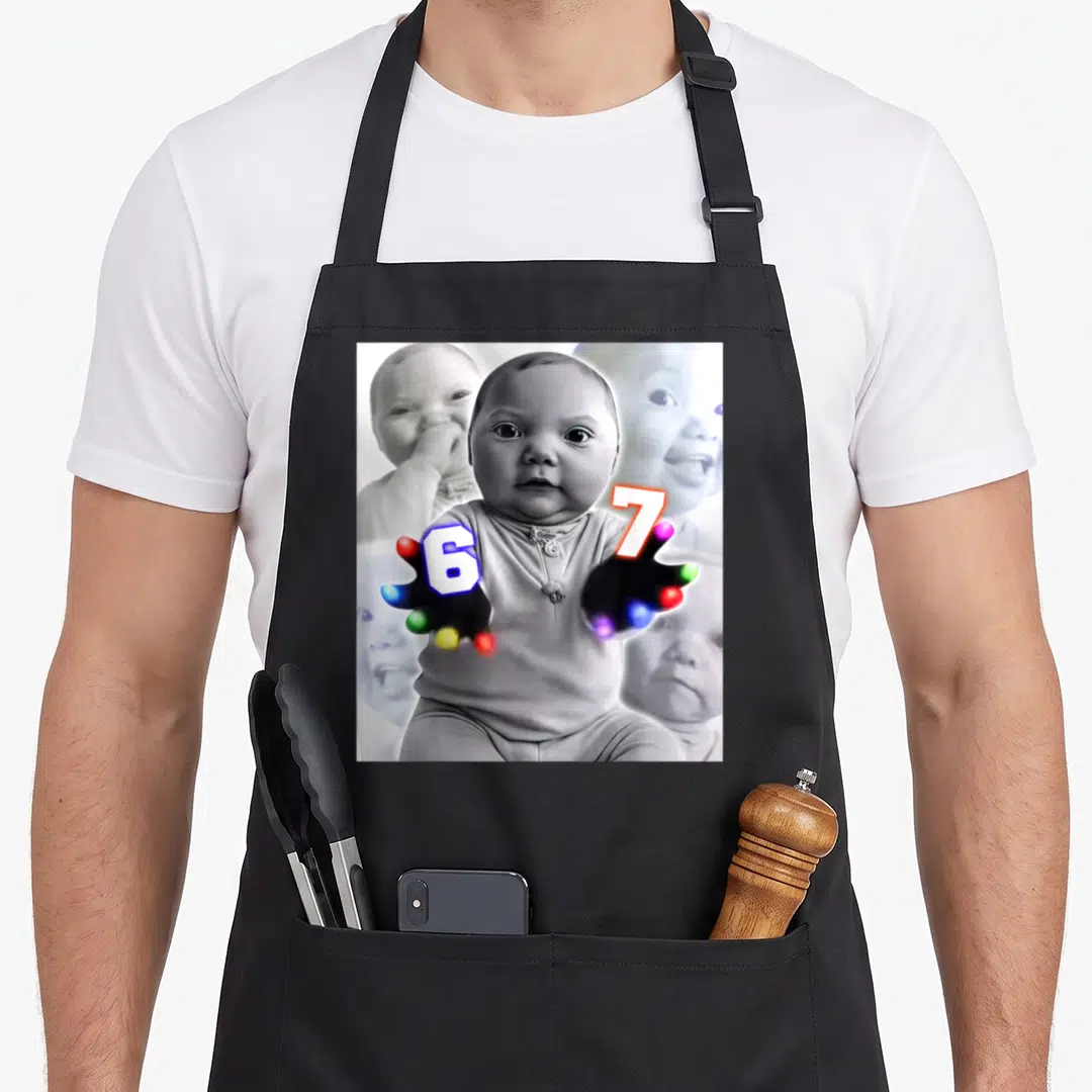 Gloving meme apron - Baby photo with numbers 6 and 7 over hands holding multicolored lights — shown on a black cotton canvas apron against a white background