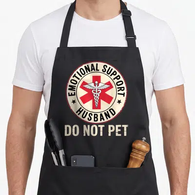 Marriage husband apron - Circular badge with red star, caduceus, and text Emotional Support Husband Do Not Pet — shown on a black cotton canvas apron against a white background