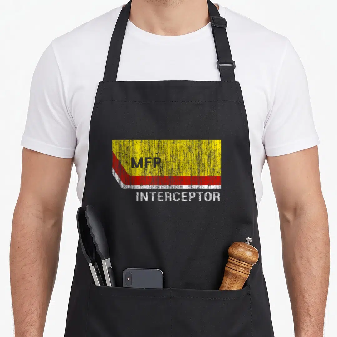 Mfp special aprons - Distressed yellow red white flag with MFP INTERCEPTOR text — shown on a black cotton canvas apron against a white background
