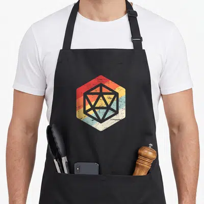Boardgame game aprons - Grey d20 die outline on a hexagon with red orange yellow blue and cream horizontal stripes — shown on a black cotton canvas apron against a white background