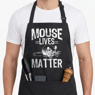 Mice i love my mouse apron - White distressed MOUSE LIVES MATTER text with a central mouse sketch and horizontal lines — shown on a black cotton canvas apron against a white background