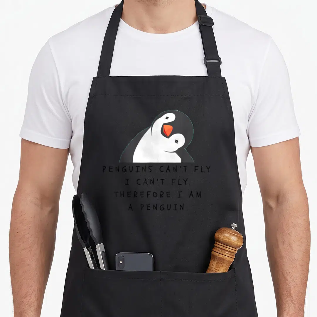 Critter penguin aprons - Two cartoon penguins huddled above black text reading PENGUINS CAN'T FLY — shown on a black cotton canvas apron against a white background