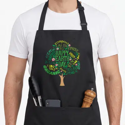 Earth tree apron - Tree canopy formed by words compost, solar power, and happy earth day with pink flowers — shown on a black cotton canvas apron against a white background
