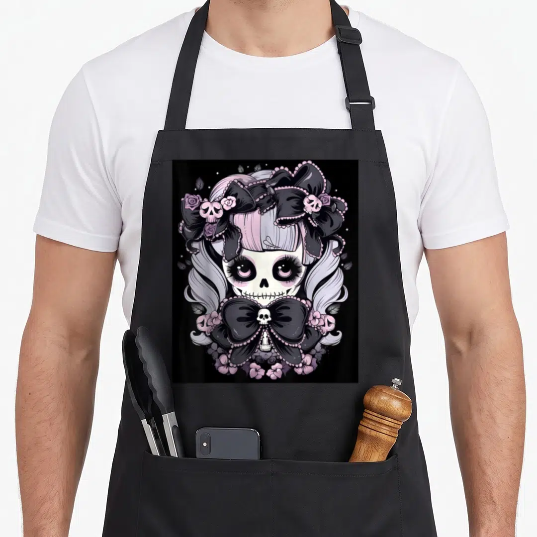 Spine halloween apron - Cartoon skeleton girl with black bows, pink roses, and small skulls on black background — shown on a black cotton canvas apron against a white background
