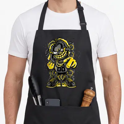 Urban hip aprons - Cartoon character with dreads and 88 on shirt surrounded by yellow rings — shown on a black cotton canvas apron against a white background