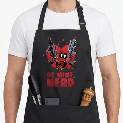Mine nerd apron - Deadpool holding two guns and two swords in front of red heart with Be Mine Nerd text — shown on a black cotton canvas apron against a white background
