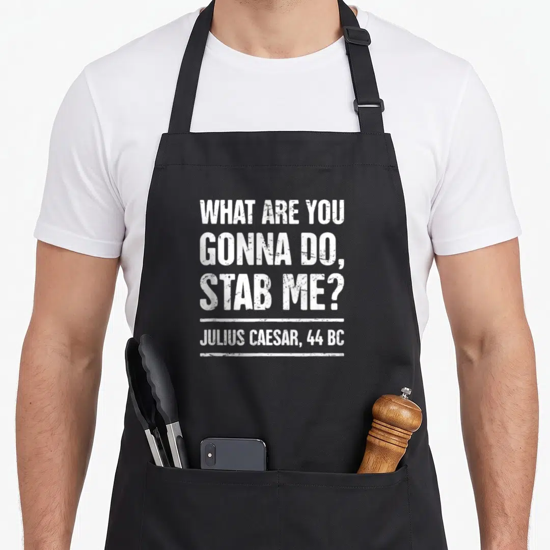 History caesar apron - White text reading WHAT ARE YOU GONNA DO STAB ME JULIUS CAESAR 44 BC on black background — shown on a black cotton canvas apron against a white background
