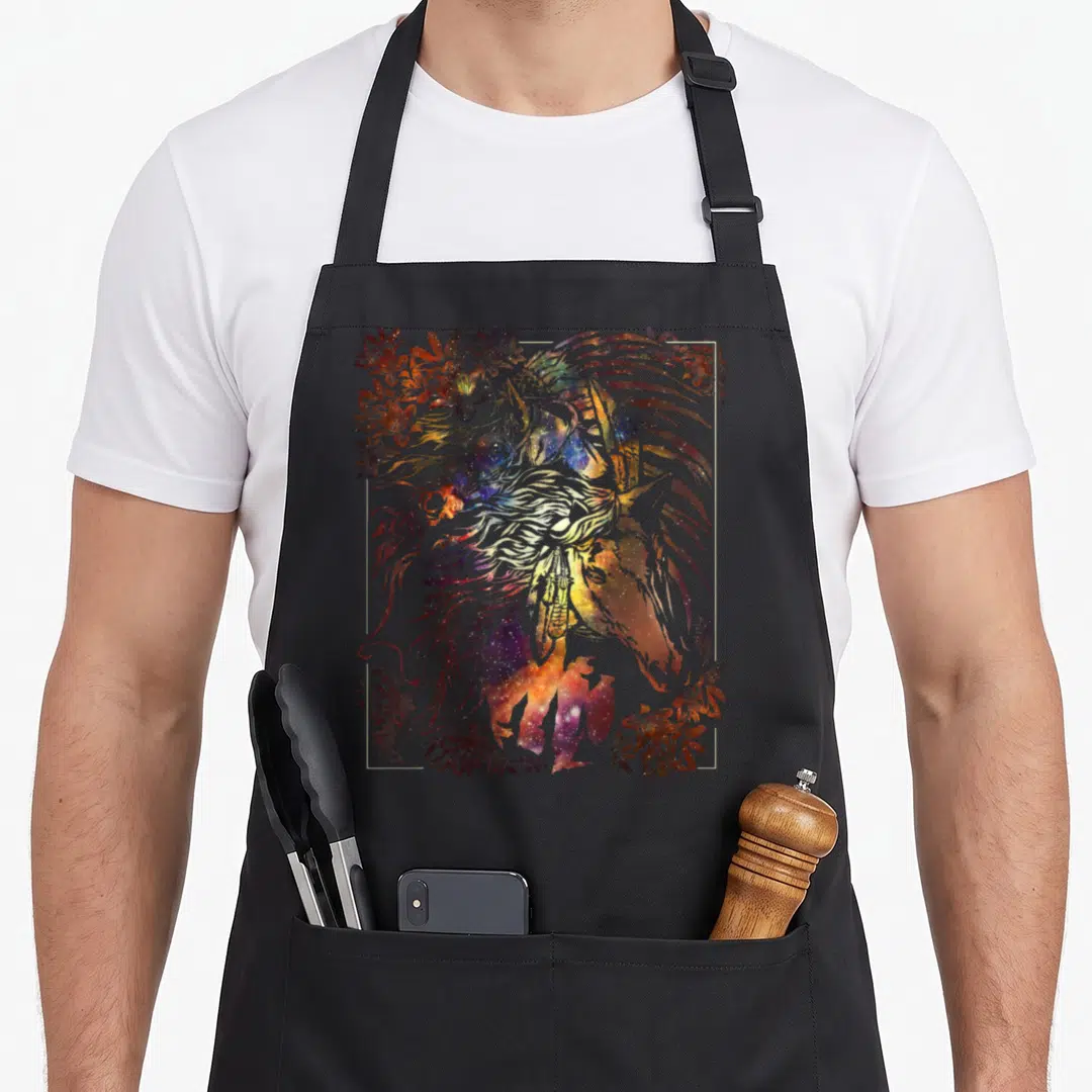 Horse native american aprons - Galaxy horse head with flowers and gold frame on black bib — shown on a black cotton canvas apron against a white background
