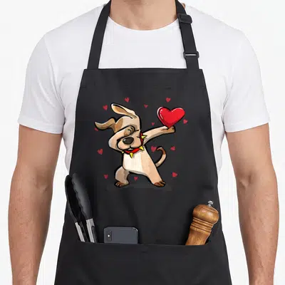 Dabbing dog apron - Cartoon tan dog dabbing while holding a large red heart with smaller hearts scattered around — shown on a black cotton canvas apron against a white background