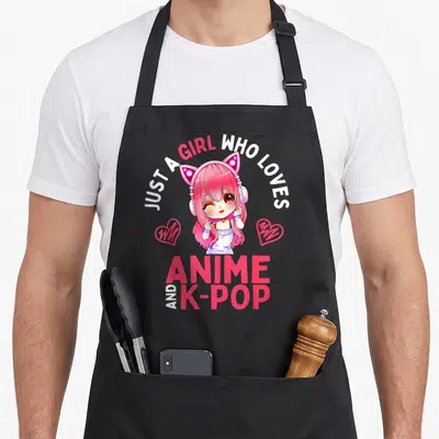 Funny pop anime apron - Pink anime girl with cat ears flanked by hearts under text about loving anime and K-pop — shown on a black cotton canvas apron against a white background