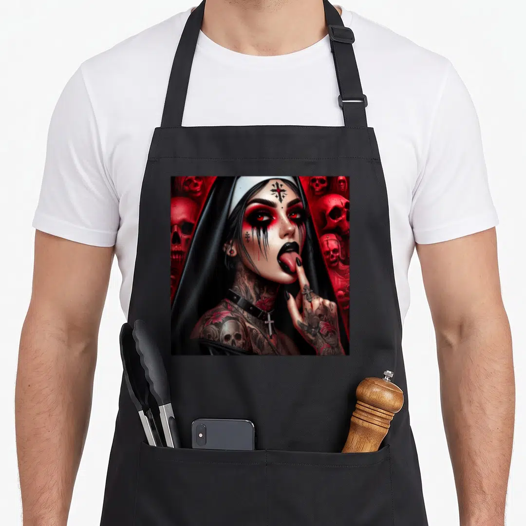 Occult unholy gothic apron - Tattooed woman in a nun habit surrounded by red skulls with cross jewelry and black makeup — shown on a black cotton canvas apron against a white background