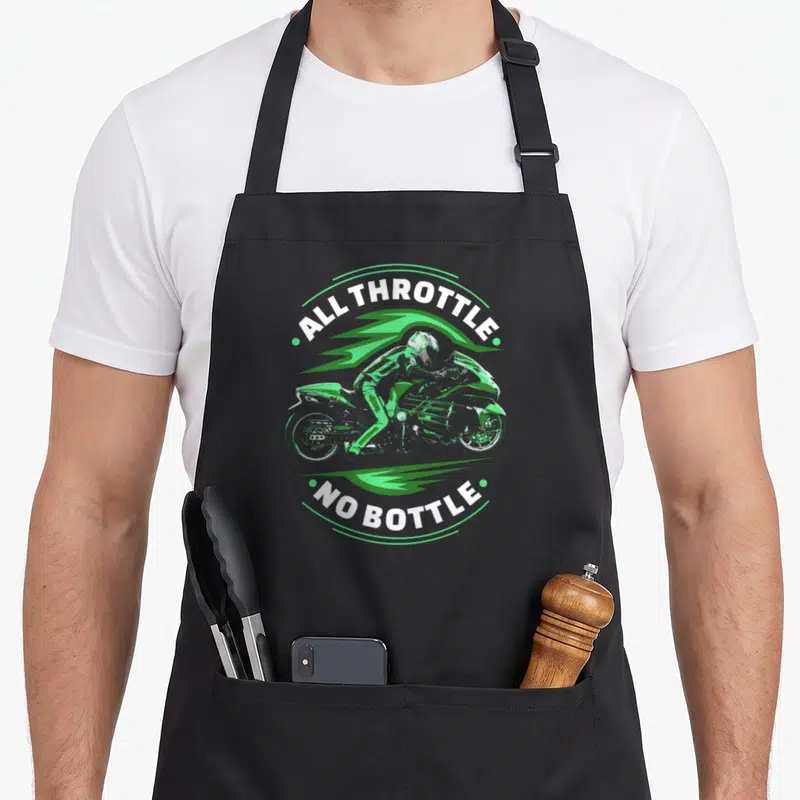 Throttle motorcycle aprons - Lime green and white motorcycle racer flanked by flames with arched ALL THROTTLE NO BOTTLE — shown on a black cotton canvas apron against a white background