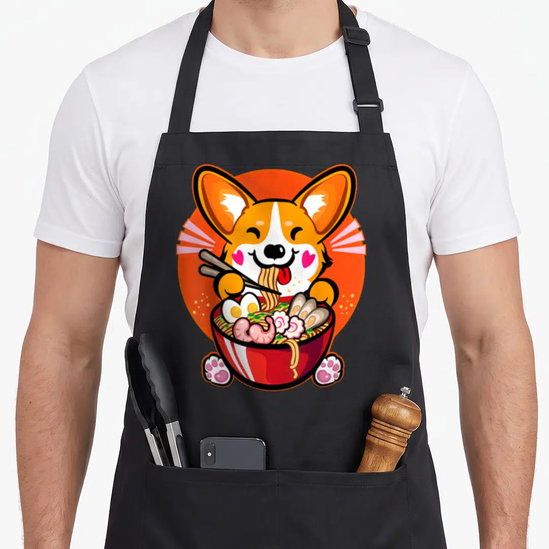 Kawaii welsh apron - Cartoon corgi holding chopsticks over red bowl of ramen with eggs and shrimp on orange circle — shown on a black cotton canvas apron against a white background