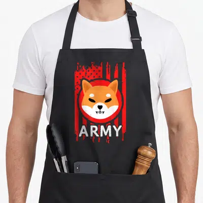 Token shiba inu apron - Distressed red stripes background with centered shiba inu head in red circle and white ARMY — shown on a black cotton canvas apron against a white background