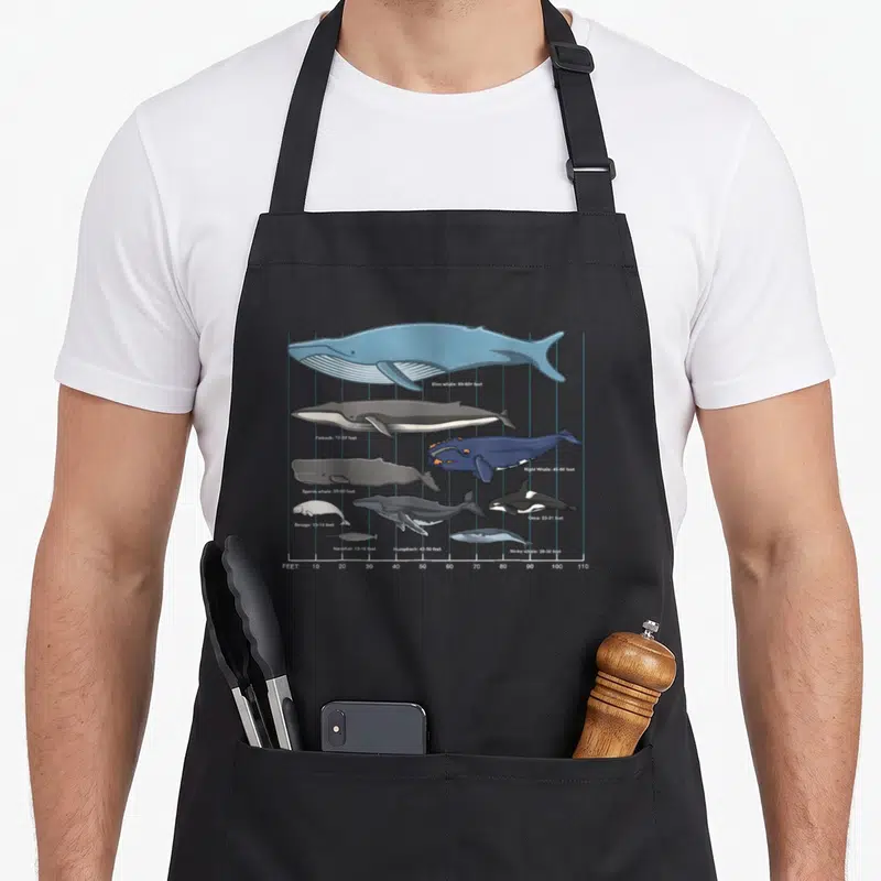 Huge whale apron - Whale size chart with Blue whale, Finback, and scale from 10 to 110 feet in blue grey and black — shown on a black cotton canvas apron against a white background
