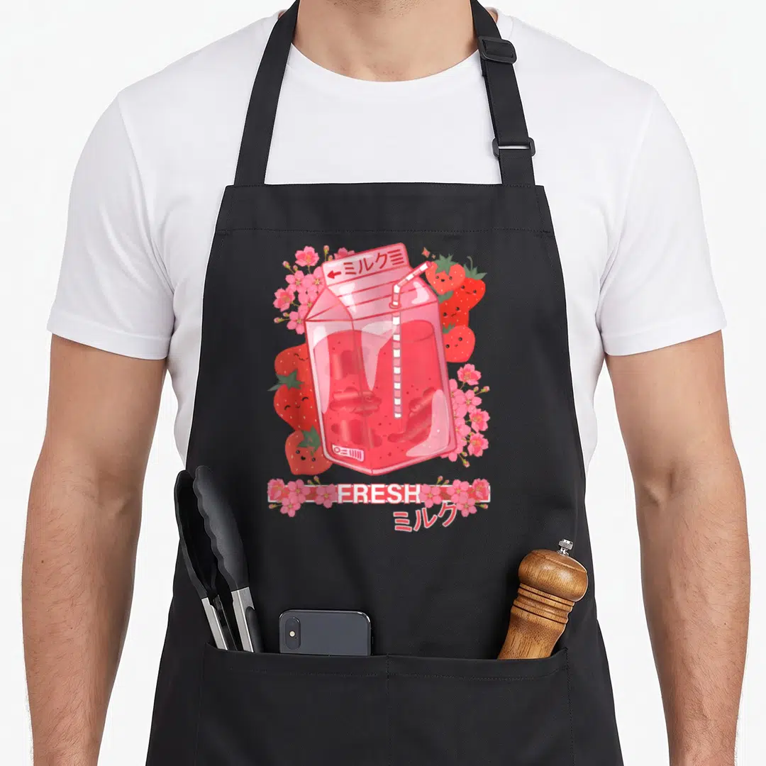 Otaku kawaii aprons - Pink milk carton with red strawberries, cherry blossoms, and FRESH text — shown on a black cotton canvas apron against a white background