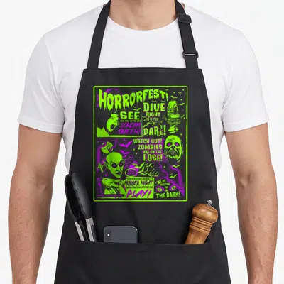Horrorfest horror movie apron - Lime green and purple vintage poster print featuring monsters and screaming woman text — shown on a black cotton canvas apron against a white background