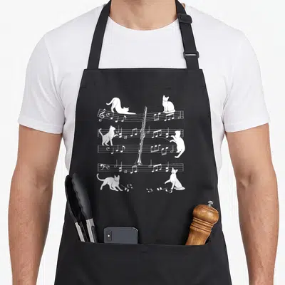 Clarinetist cat apron - Four white cats interacting with musical staffs and a vertical clarinet in line art — shown on a black cotton canvas apron against a white background
