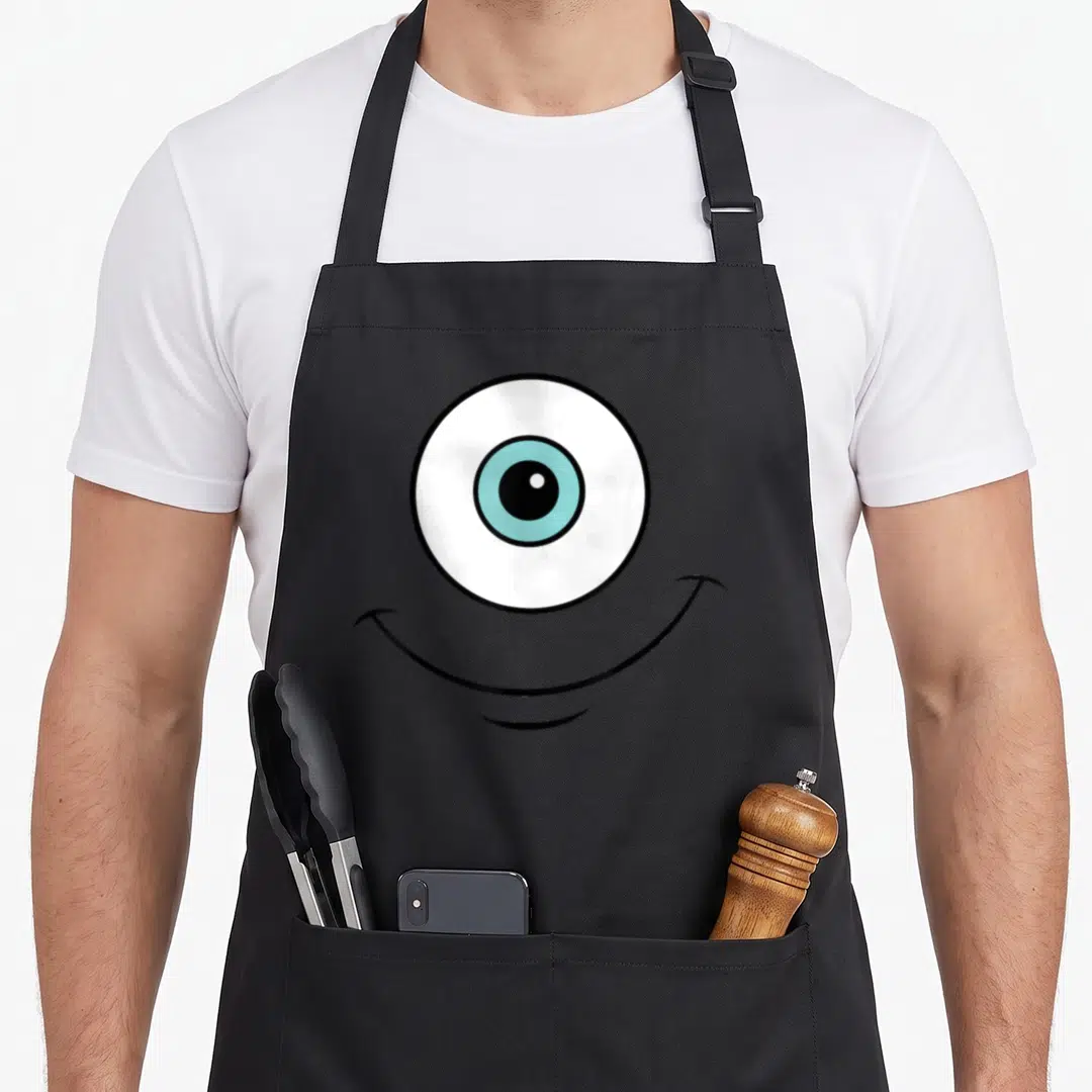 Face halloween apron - One large white eye with light blue iris above a curved black smile line — shown on a black cotton canvas apron against a white background