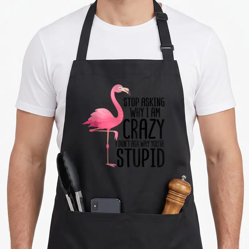 Stop pink flamingo apron - Pink cartoon flamingo stands left of five lines of black text reading stop asking why i am — shown on a black cotton canvas apron against a white background