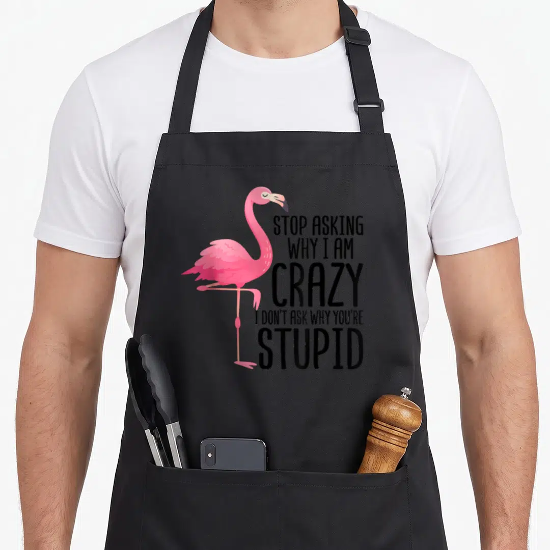 Stop pink flamingo apron - Pink cartoon flamingo stands left of five lines of black text reading stop asking why i am — shown on a black cotton canvas apron against a white background