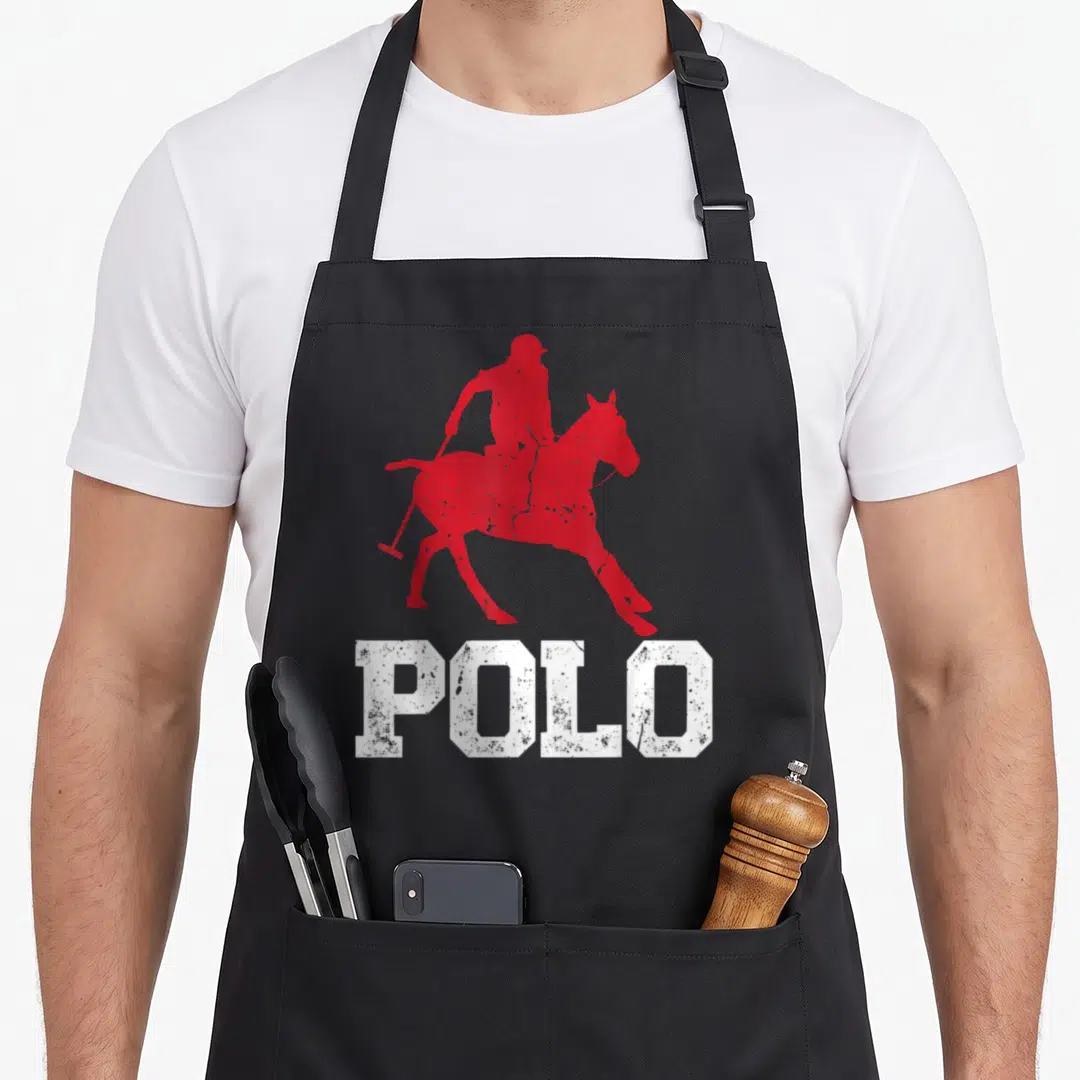 Polo horse apron - Red polo player silhouette on horse above white POLO text — shown on a black cotton canvas apron against a white background