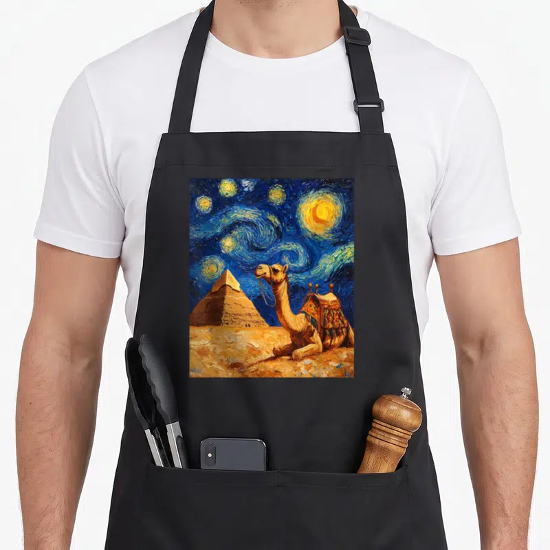 Camel van gogh apron - Seated camel and pyramid under swirling blue yellow starry sky in painterly style — shown on a black cotton canvas apron against a white background