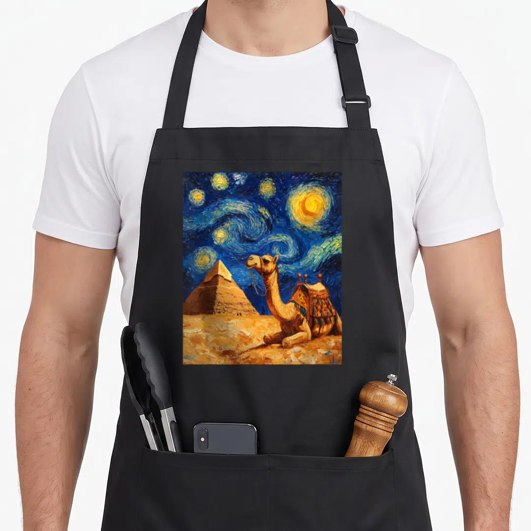 Camel van gogh apron - Seated camel and pyramid under swirling blue yellow starry sky in painterly style — shown on a black cotton canvas apron against a white background