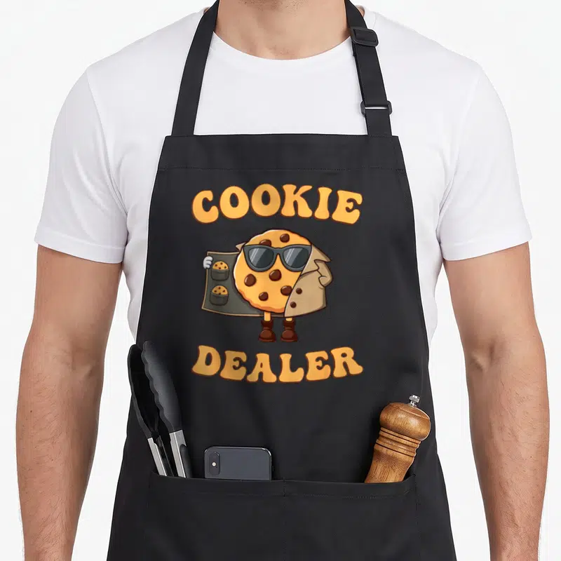 Dealer cookie crew aprons - Cartoon cookie in sunglasses and beige coat holding a tray of cookies — shown on a black cotton canvas apron against a white background