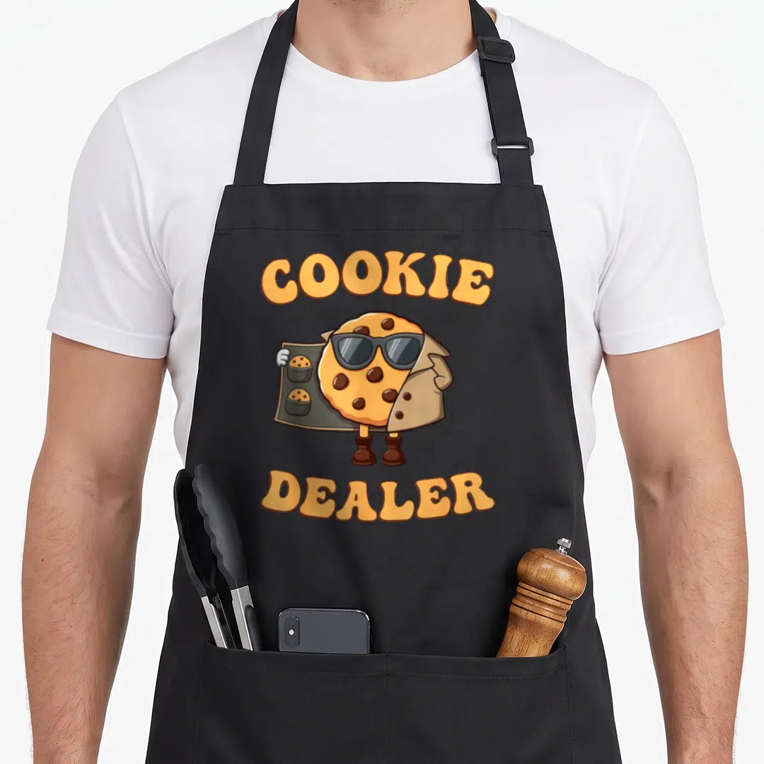 Dealer cookie crew aprons - Cartoon cookie in sunglasses and beige coat holding a tray of cookies — shown on a black cotton canvas apron against a white background