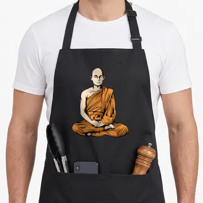 Buddhist tibetan apron - Cartoon monk in orange robes sitting cross-legged in a meditative pose — shown on a black cotton canvas apron against a white background
