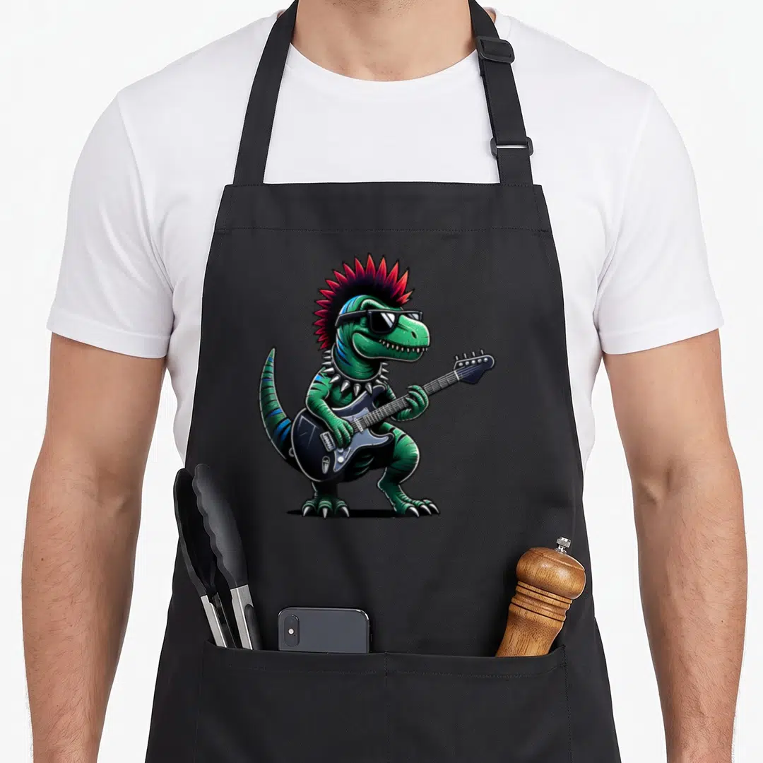 Dinosaur goth apron - Green cartoon dinosaur with red mohawk and spiked collar playing black electric guitar — shown on a black cotton canvas apron against a white background