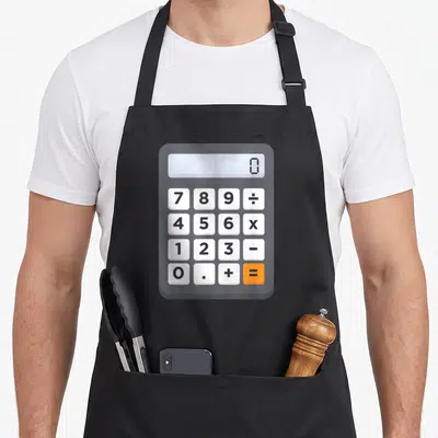 Accountant halloween apron - Grey calculator print with white buttons, orange equals key, and zero on screen — shown on a black cotton canvas apron against a white background