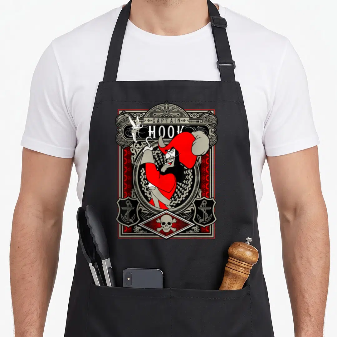 Peter hooks for aprons - Retro Captain Hook illustration in red and black with Tinker Bell and skull — shown on a black cotton canvas apron against a white background