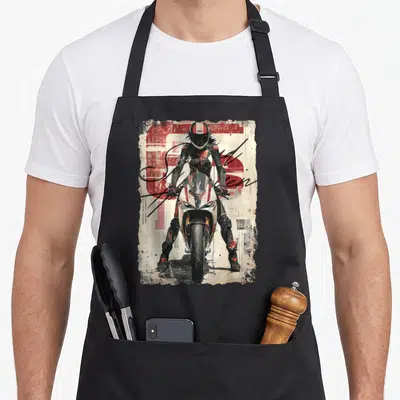 Supersport motorcycle aprons - Motorcyclist on bike with RTUZ text and red distressed background — shown on a black cotton canvas apron against a white background