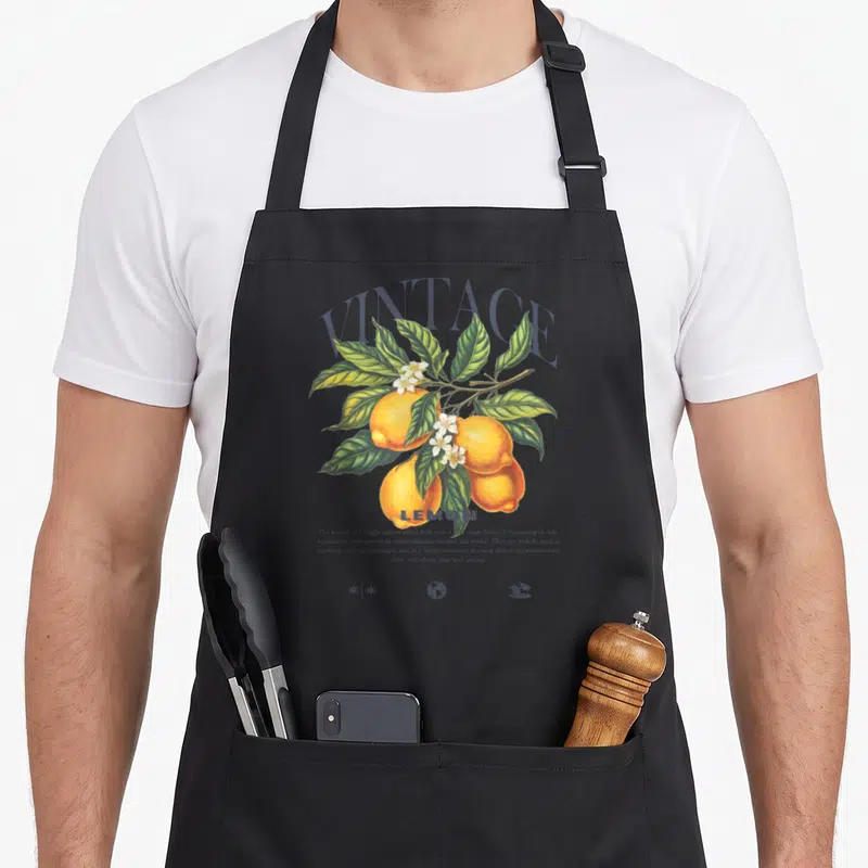 Fruit lemon apron - Botanical illustration of yellow lemons and green leaves with vintage text and small icons below — shown on a black cotton canvas apron against a white background