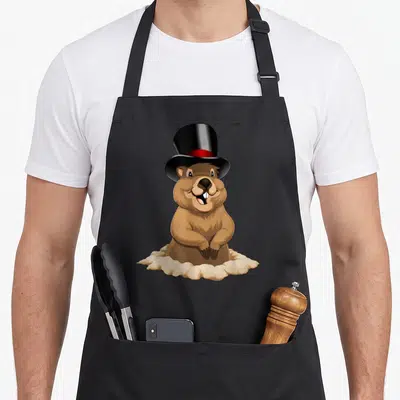 Spring holiday apron - Cartoon brown groundhog in black top hat emerging from tan dirt pile — shown on a black cotton canvas apron against a white background
