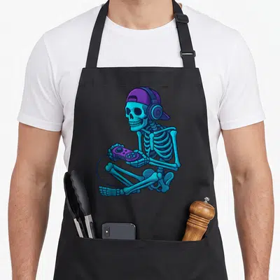 Halloween video game apron - Blue cartoon skeleton sitting cross-legged wearing purple cap and headphones holding — shown on a black cotton canvas apron against a white background