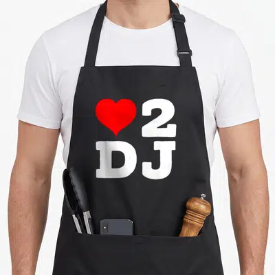Concert j apron - Red heart next to white 2 and DJ letters — shown on a black cotton canvas apron against a white background
