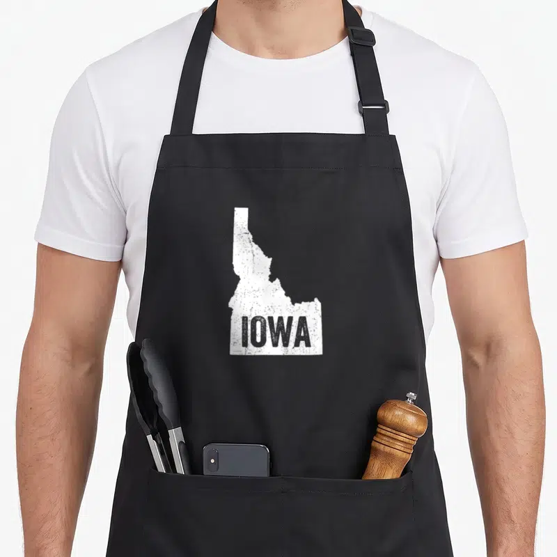 Idaho midwest apron - White Idaho map silhouette with IOWA text in distressed style — shown on a black cotton canvas apron against a white background