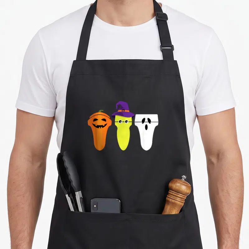Sonographer halloween witch apron - Three cartoon transducers dressed as an orange pumpkin, a yellow witch, and a white — shown on a black cotton canvas apron against a white background