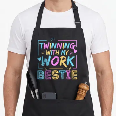 Twin friends apron - Stacked pink yellow and blue text reading Twinning With My Work Bestie with hearts and sparkles — shown on a black cotton canvas apron against a white background