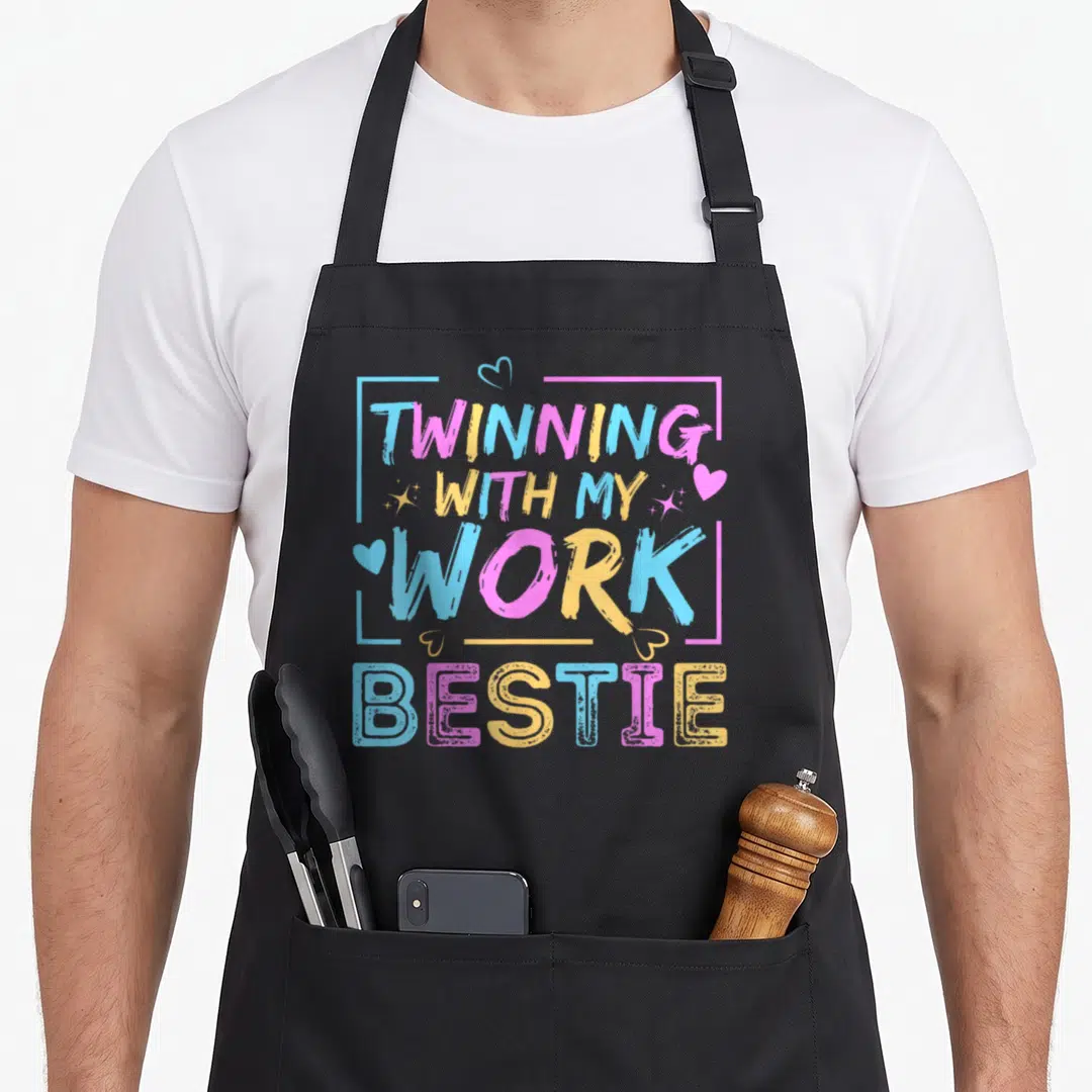 Twin friends apron - Stacked pink yellow and blue text reading Twinning With My Work Bestie with hearts and sparkles — shown on a black cotton canvas apron against a white background